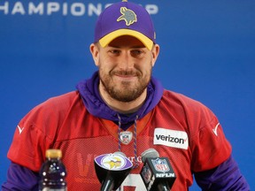 Minnesota Vikings quarterback Case Keenum listens to a question during a news conference on Jan. 17, 2018