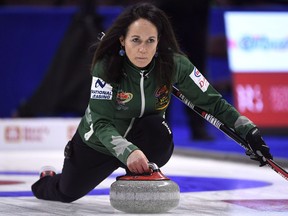 Team Englot skip Michelle Englot makes a shot during a draw against Team McCarville at the 2017 Roar of the Rings Canadian Olympic Curling Trials in Ottawa on Dec. 2, 2017