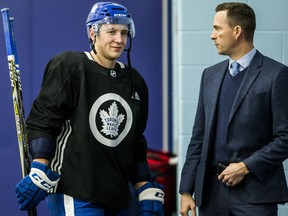 Travis Dermott at the end of Toronto Maple Leafs practice at the MasterCard Centre on Jan. 5, 2018