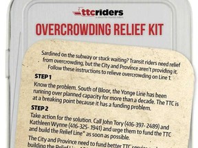 TTCriders will be handing out "overcrowding relief kits" to Yonge Line commuters Thursday morning at 8 a.m. outside King station. The group says it's trying to put pressure on all levels of government to step up funding for a downtown relief line.