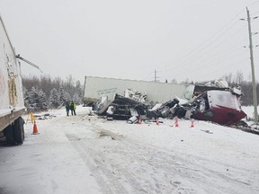 A flat-bed and transport collision on Hwy. 11 near Thornloe on Wednesday, Jan. 3, 2018. (@OPP_NER)