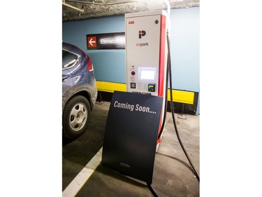 A soon to be operational Electric Vehicle Chargers Ontario (EVCO) for charging electric vehicles at the parking lot under Metro Centre at 200 Wellington St. W. in Toronto, Ont. on Thursday January 18, 2018.