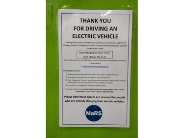 Electric vehicle charging at the parking lot under the MaRS Centre in Toronto, Ont. on Thursday January 18, 2018.