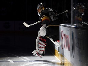 Marc-Andre Fleury of the Vegas Golden Knights steps onto the ice for a game against the New York Rangers at T-Mobile Arena on Jan. 7, 2018