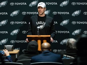 Philadelphia Eagles quarterback Nick Foles speaks with members of the media at the team's NFL football training facility in Philadelphia on Jan. 9, 2018