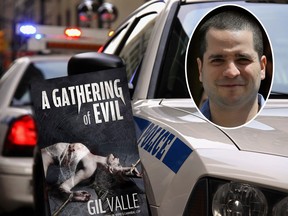 Gilberto Valle photographed in New York on Tuesday, July 1, 2014 alongside a stock photo of an NYPD cruiser and the cover of his horror novel 'A Gathering of Evil'.
