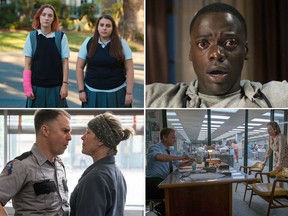 Clockwise from top left: Image stills from the movies "Lady Bird," "Get Out," "Three Billboards in Ebbing, Missouri," and "The Post." (Handout photos)