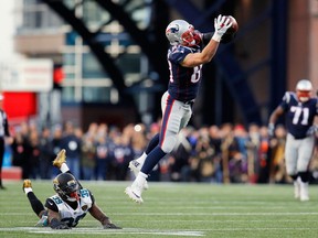 Rob Gronkowski of the New England Patriots catches a pass before an injury in the second quarter during the AFC Championship Game against the Jacksonville Jaguars at Gillette Stadium on Jan. 21, 2018