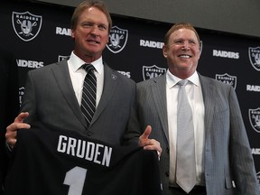Oakland Raiders new head coach Jon Gruden (left) and team owner Mark Davis pose for a photograph during a news conference on January 9, 2018 in Alameda, California. (Justin Sullivan/Getty Images)