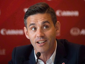 Canadian national women's soccer team coach John Herdman speaks during a news conference in Vancouver on April 14, 2016