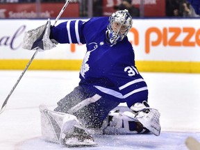 Toronto Maple Leafs goaltender Frederik Andersen (31) watches the puck as he looks over his shoulder at during third period NHL hockey action against the Ottawa Senators in Toronto on Wednesday, January 10, 2018. THE CANADIAN PRESS/Frank Gunn