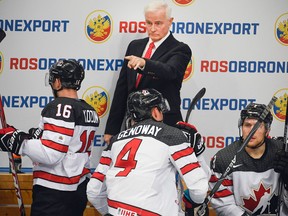 Canada's coach Dave King gestures during a game between Canada and Russia at the One Channel Cup in Moscow on Dec. 16, 2017