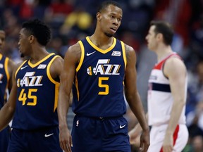 Utah Jazz guard Rodney Hood leaves the court after his second technical foul against the Washington Wizards on Jan. 10, 2018