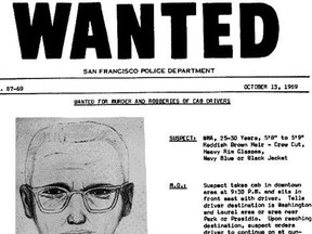 Wanted poster for the Zodiac Killer. He was never caught. SAN FRANCISCO POLICE