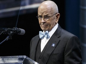 Dave Keon speaks at the Johnny Bower celebration of life service at the Air Canada Centre on Jan. 3, 2018