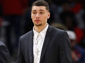 Zach LaVine of the Chicago Bulls is seen during a timeout against the Houston Rockets at the United Center on Jan. 8, 2018