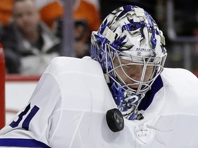 Toronto Maple Leafs' Frederik Andersen blocks a shot during a game against the Philadelphia Flyers Thursday, Jan. 18, 2018, in Philadelphia. (AP Photo/Matt Slocum)