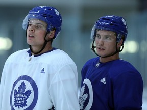 Auston Matthews and Tyler Bozak during Leafs practice at the Mastercard Centre in Toronto on Tuesday January 9, 2018. Dave Abel/Toronto Sun
