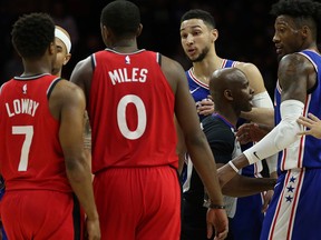 Philadelphia 76ers guard Ben Simmons has words with Toronto Raptors guard Kyle Lowry during an NBA game on Jan. 15, 2018