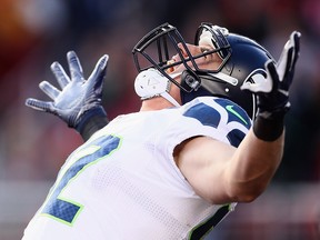 Luke Willson of the Seattle Seahawks celebrates after catching a touchdown pass against the San Francisco 49ers at Levi's Stadium on January 1, 2017 in Santa Clara, California. (Ezra Shaw/Getty Images)