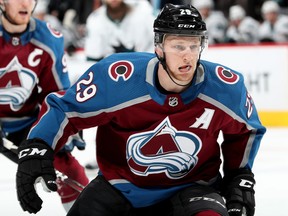Nathan MacKinnon of the Colorado Avalanche plays the San Jose Sharks at the Pepsi Center on Jan. 18, 2018