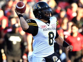 Hamilton Tiger-Cats quarterback Jeremiah Masoli throws the ball during a game against the Ottawa Redblacks on Sept. 9, 2017