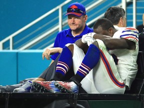 LeSean McCoy of the Buffalo Bills is carted off the field after an injury on Dec. 31, 2017