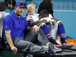 In this Sunday, Dec. 31, 2017, file photo, Buffalo Bills running back LeSean McCoy (25) is carted off the field after he was injured against the Miami Dolphins.