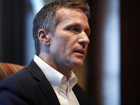 Missouri Gov. Eric Greitens speaks during an interview in his office at the Missouri Capitol Saturday, Jan. 20, 2018, in Jefferson City, Mo. Greitens discussed having an extramarital affair in 2015 before taking office.