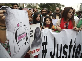 People protest during a rally to condemn the rape and killing of Zainab Ansari, an 8-year-old girl last week in Kasur, Thursday, Jan. 11, 2018, in Karachi, Pakistan.  (AP Photo/Shakil Adil)