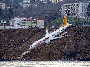 A Pegasus Airlines Boeing 737 passenger plane is seen struck in mud on an embankment, a day after skidding off the airstrip, after landing at Trabzon's airport on the Black Sea coast on January 14, 2018. (DOGAN NEWS AGENCY/AFP/Getty Images)