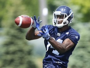 Toronto Argonauts Llevi Noel WR (84) hauls in a pass during a rout during practice in Guelph on June 2, 2016. Jack Boland/Toronto Sun
