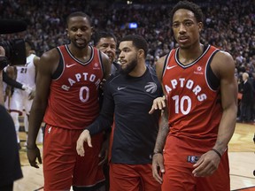 DeMar DeRozan leaves the court after an altercation with Goran Dragic at the end of the Raptors-Heat game on Jan. 9, 2018