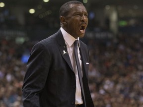 Toronto Raptors coach Dwane Casey on the sidelines as the Raptors take on the Cleveland Cavaliers on Jan. 18, 2018