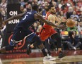 Raptors' Fred VanVleet breaks past Minnesota Timberwolves' Gorgui Dieng during NBA action at the ACC last night. (Jack Boland/Toronto Sun)