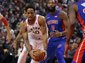 DeMar DeRozan of the Toronto Raptors drives to the net against the Detroit Pistons at the Air Canada Centre in Toronto on Thursday January 18, 2018. (Dave Abel/Toronto Sun)
