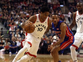 DeMar DeRozan of the Toronto Raptors gets around Avery Bradley of the Detroit Pistons at the Air Canada Centre in Toronto, Ont. on Thursday January 18, 2018. Dave Abel/Toronto Sun/Postmedia Network