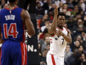 Kyle Lowry of the Toronto Raptors calls a play against the Detroit Pistons at the Air Canada Centre in Toronto, Ont. on Thursday January 18, 2018. Dave Abel/Toronto Sun