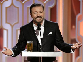 In this handout photo provided by NBCUniversal, Host Ricky Gervais speaks onstage during the 73rd Annual Golden Globe Awards at The Beverly Hilton Hotel on January 10, 2016 in Beverly Hills, California. (Photo by Paul Drinkwater/NBCUniversal via Getty Images)
