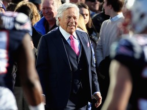 Patriots owner Robert Kraft reacts before the AFC Championship Game against the Jaguars at Gillette Stadium in Foxborough, Mass., on Sunday, Jan. 21, 2018.