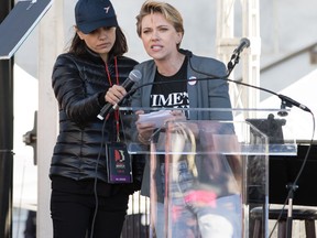 Scarlett Johansson (right) gives a speech at the Women's March in Los Angeles on the first anniversary of U.S. President Donald Trump's inauguration on Saturday, Jan. 20, 2018.