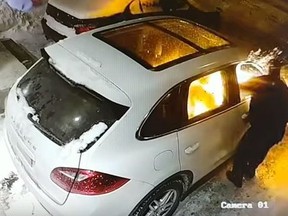 Video released by Toronto Police shows a man setting a car ablaze in the O'Connor Dr. and St. Clair Ave. E. area on Dec. 29, 2017.