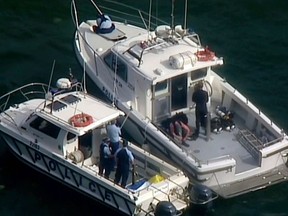 This image made from a video, shows search and rescue teams on back of boats in Hawkesbury River, New South Wales, Australia Sunday, Dec. 31, 2017. (Australian Media Pool via AP)