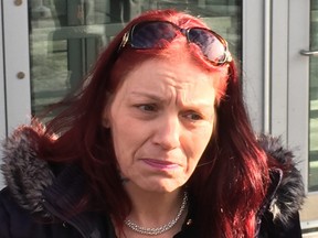 Shanan Dionne talks to media outside the Oshawa courthouse on Wednesday, Jan. 10, 2018, after attending an appearance by Adam Strong, 45, who was allegedly found with her pregnant 18-year-old daughter Rori Hache’s body parts in his home.