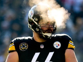 David DeCastro of the Pittsburgh Steelers looks on against the Jacksonville Jaguars during the AFC Divisional Playoff game at Heinz Field on January 14, 2018 in Pittsburgh.