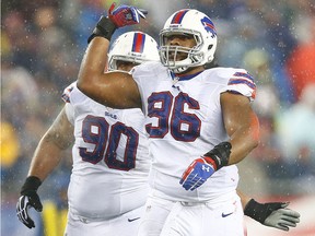 Stefan Charles of the Buffalo Bills reacts in the first half during the game at Gillette Stadium on Dec. 29, 2013 in Foxboro, Mass.  (Jared Wickerham/Getty Images)