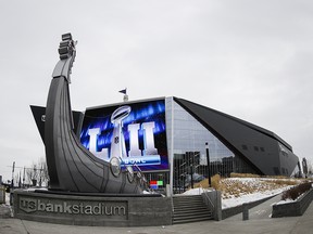 U.S. Bank Stadium is seen Tuesday, Jan. 30, 2018, in Minneapolis. (AP Photo/Matt Slocum)