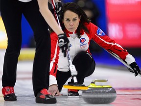 Team Canada skip Michelle Englot delivers a rock while playing Newfoundland at the Scotties Tournament of Hearts in Penticton, B.C., on Tuesday, Jan. 30, 2018. (THE CANADIAN PRESS/Sean Kilpatrick)