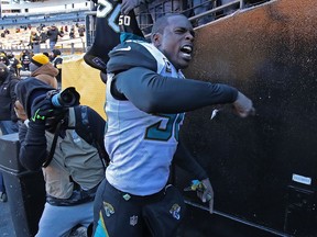 Telvin Smith of the Jacksonville Jaguars reacts as he walks off the field at the conclusion of the Jacksonville Jaguars 45-42 win over the Pittsburgh Steelers in the AFC Divisional Playoff game at Heinz Field on Jan. 14, 2018