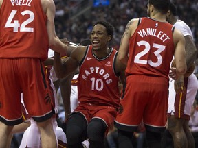DeMar DeRozan gets called for interference as the Toronto Raptors take on the Miami Heat at the Air Canada Centre on Jan. 9, 2018